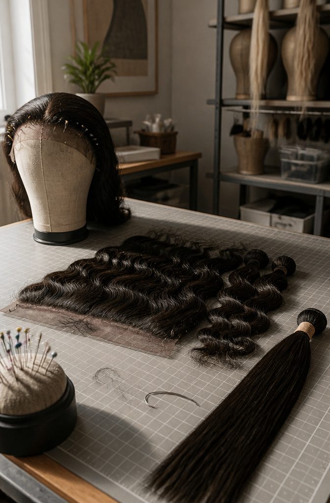 Ear-to-ear lace frontal beside matching softly waved human-hair bundles