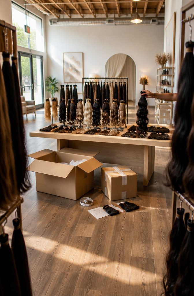 Human hair products arranged for online shopping in the United States