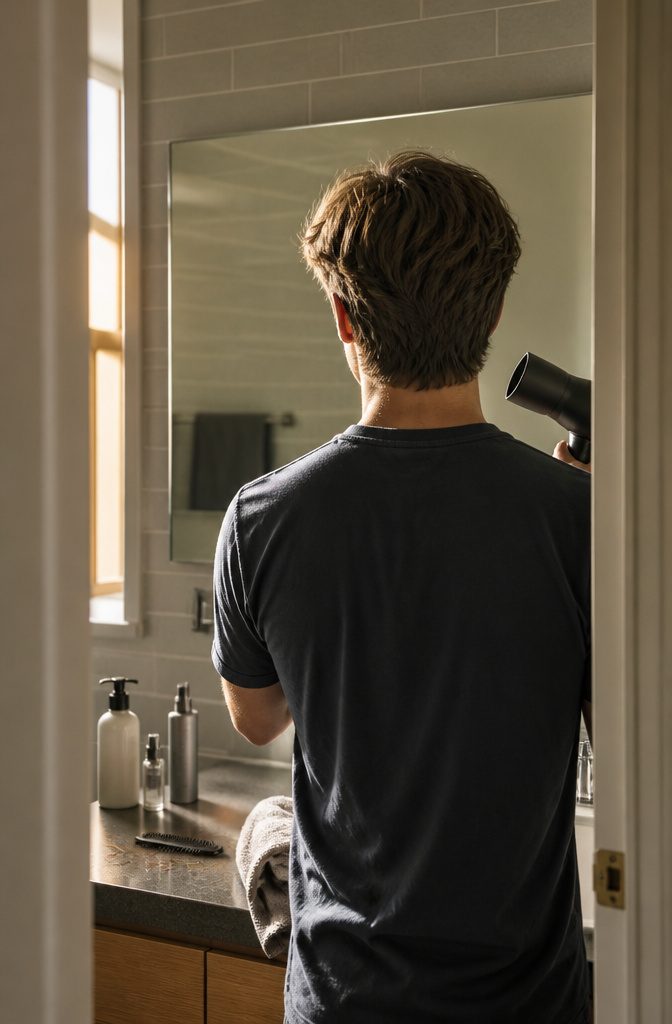 Man with lifted roots beside leave-in conditioner serum and thermal spray