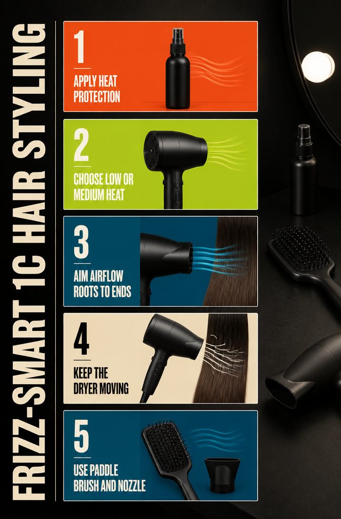 Styling graphic with drying tips for reducing frizz in 1C hair