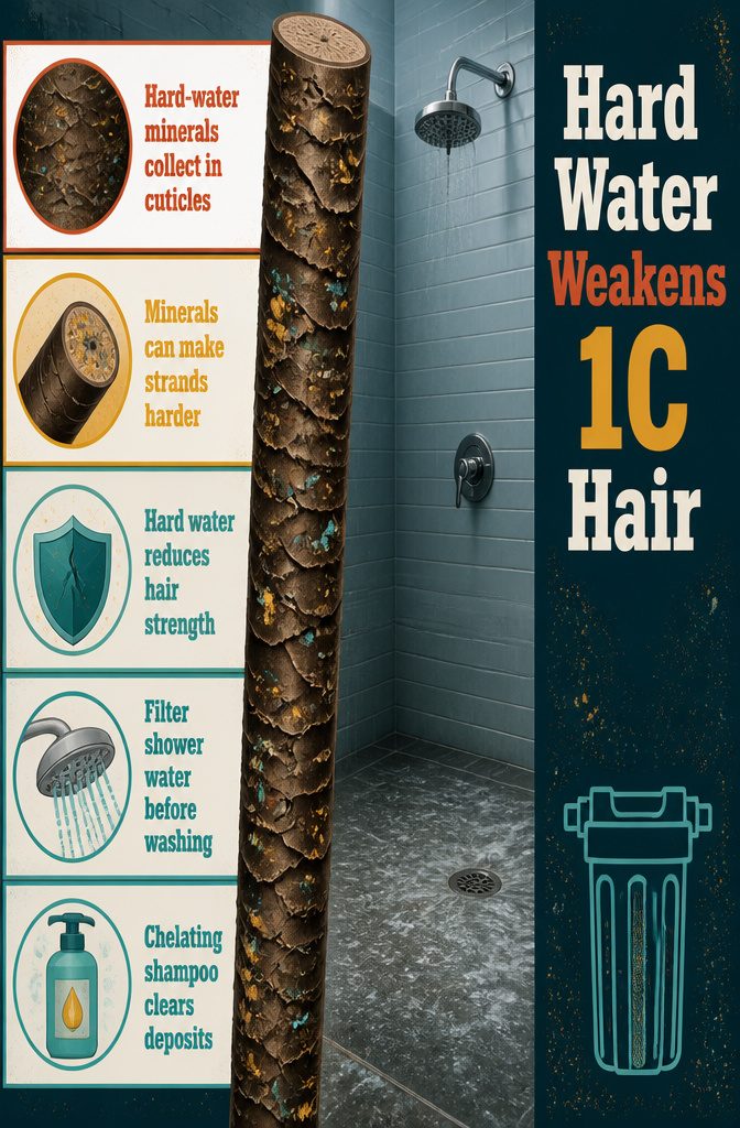 Hard-water graphic showing mineral buildup affecting hair strands
