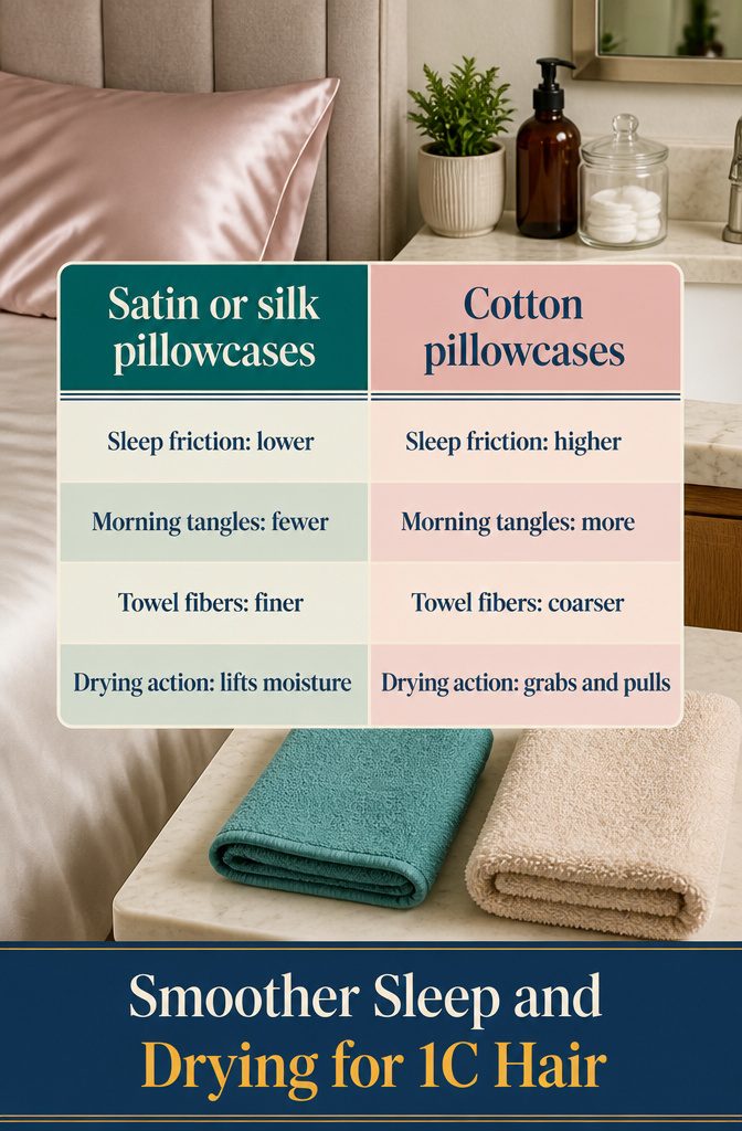 Graphic with satin pillowcase and microfiber towel for hair care