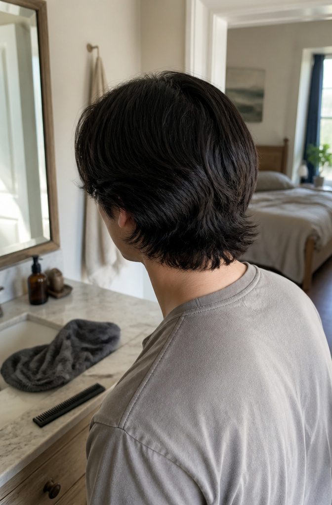 Man with coarse hair showing slight bends through the lengths and flipped ends
