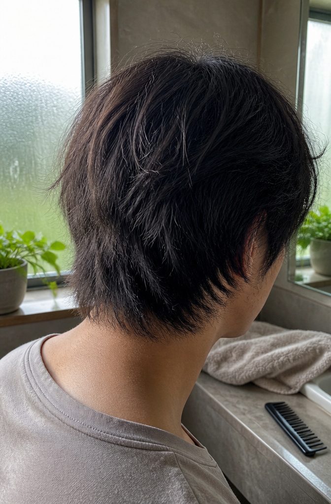 Man with flat roots and dry flyaways through straight hair