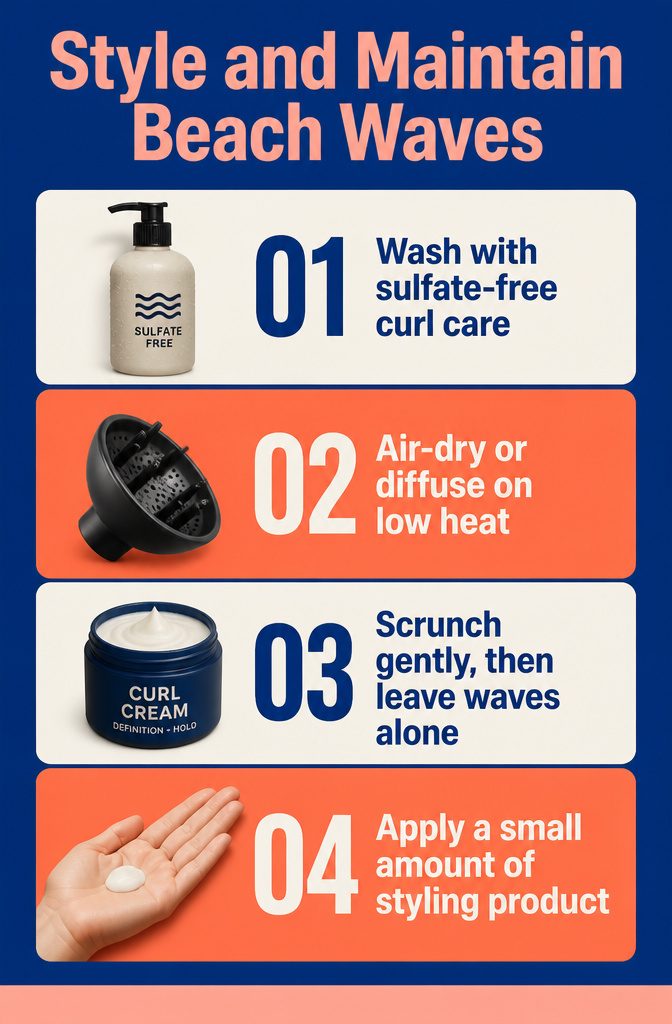 Beach wave care graphic with drying and product tips