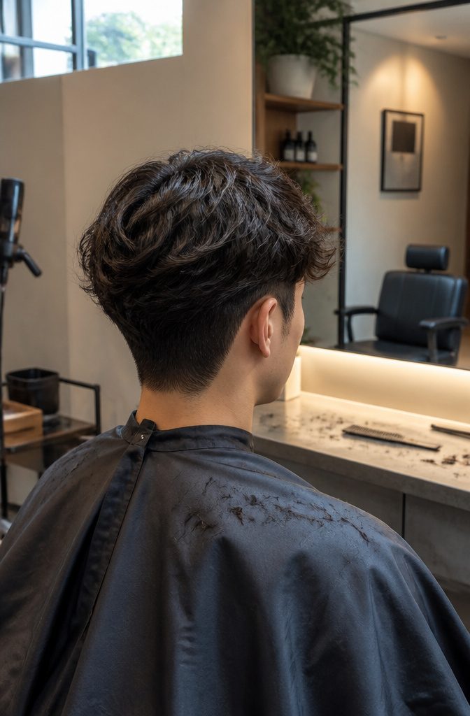 Man with a voluminous wavy top tapered sides and forward fringe