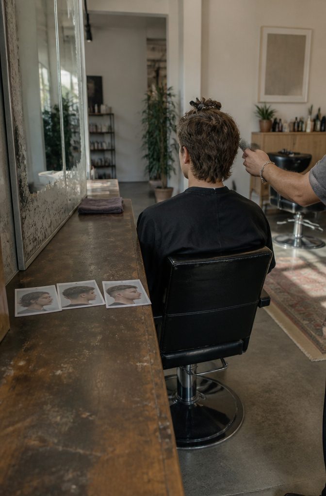 Man showing a stylist reference photos for a wavy haircut