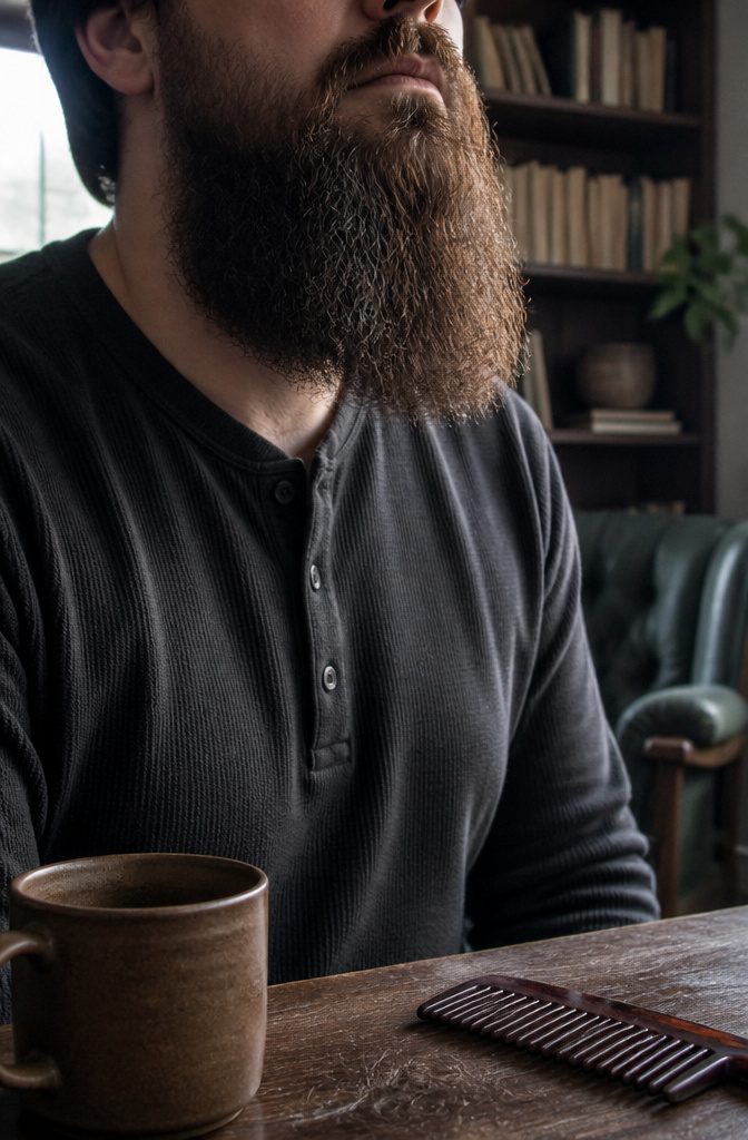 Man with a full beard and intact mustache brushed downward