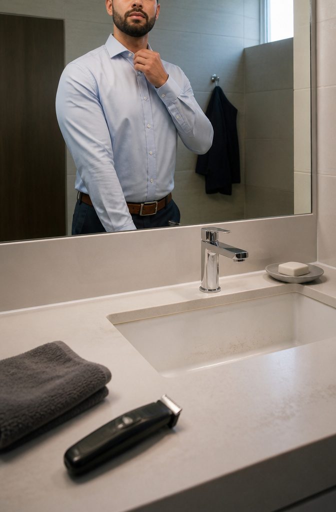 Man with a trimmed beard covering his cheeks and jaw
