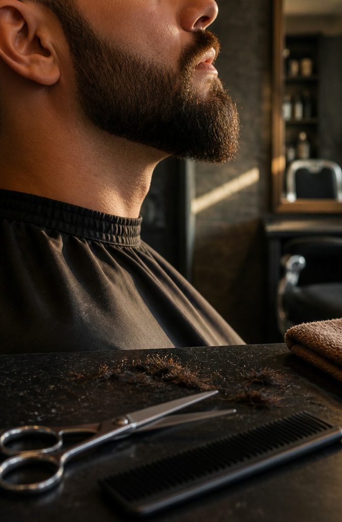 Man with a full beard shaped into a pointed chin