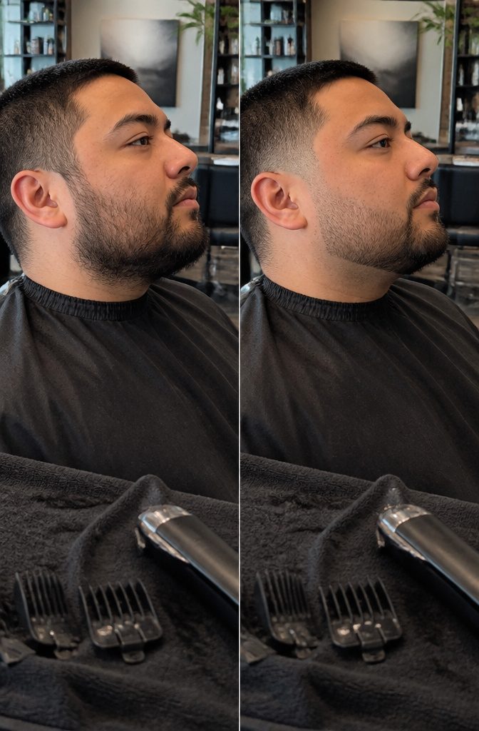 Man with a beard fading from short cheeks to longer chin hair