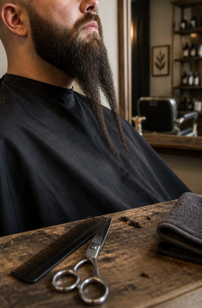 Man with a long beard divided into 2 points at the chin