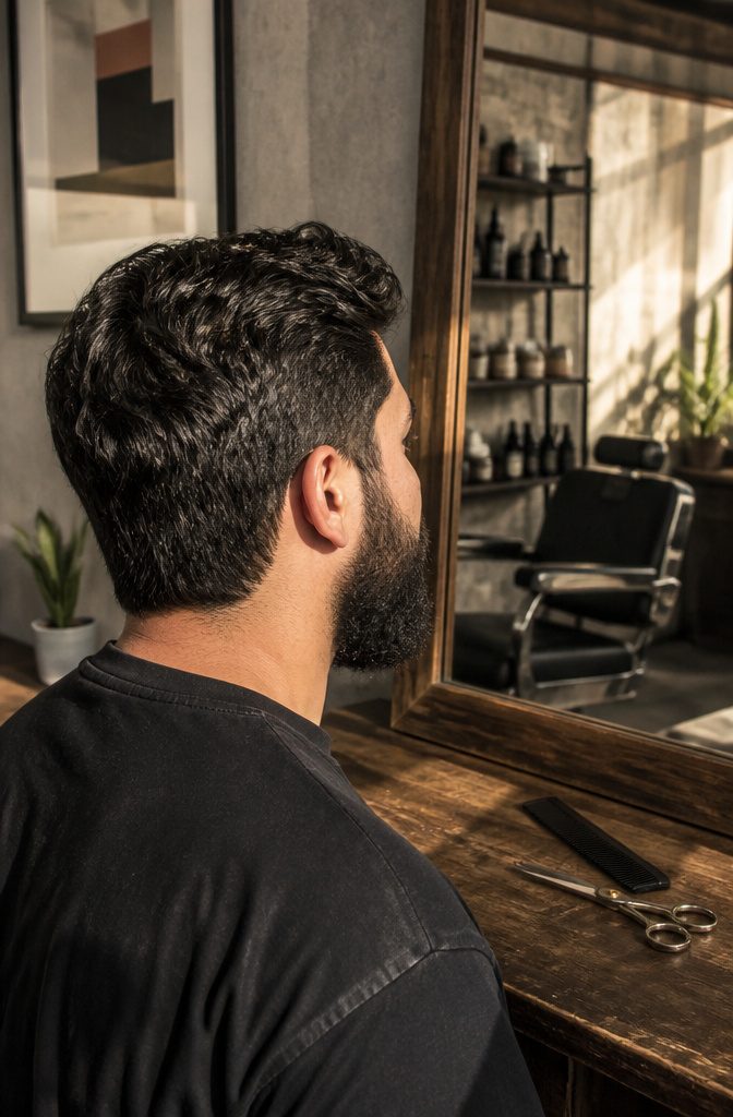 Man with a full textured beard and tidy neckline