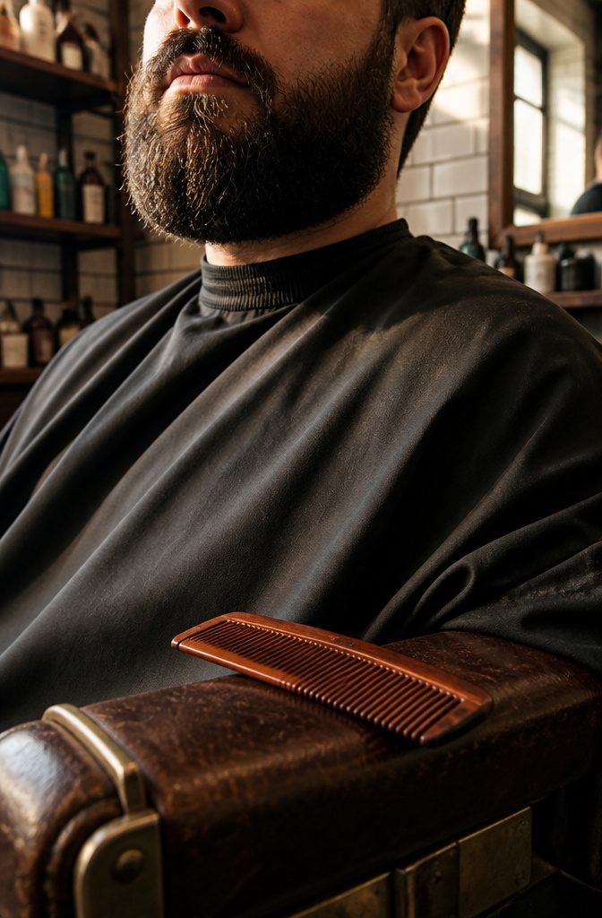 Man with a full beard shaped to a rounded bottom