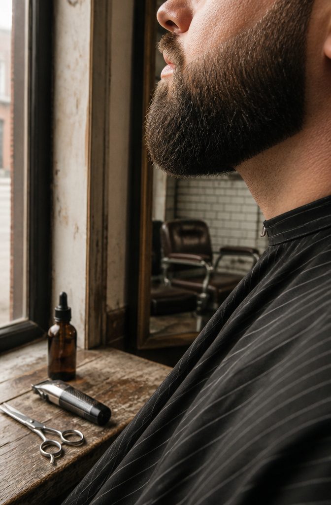 Man with a thick beard ending in a flat squared edge