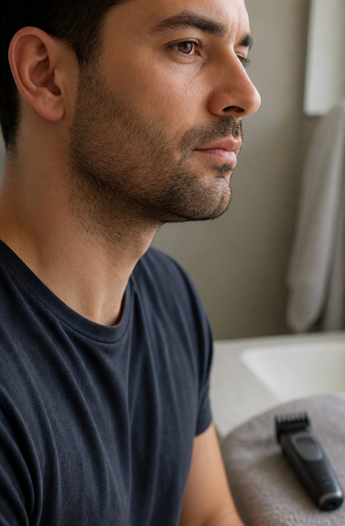 Man with short facial stubble across his cheeks and chin