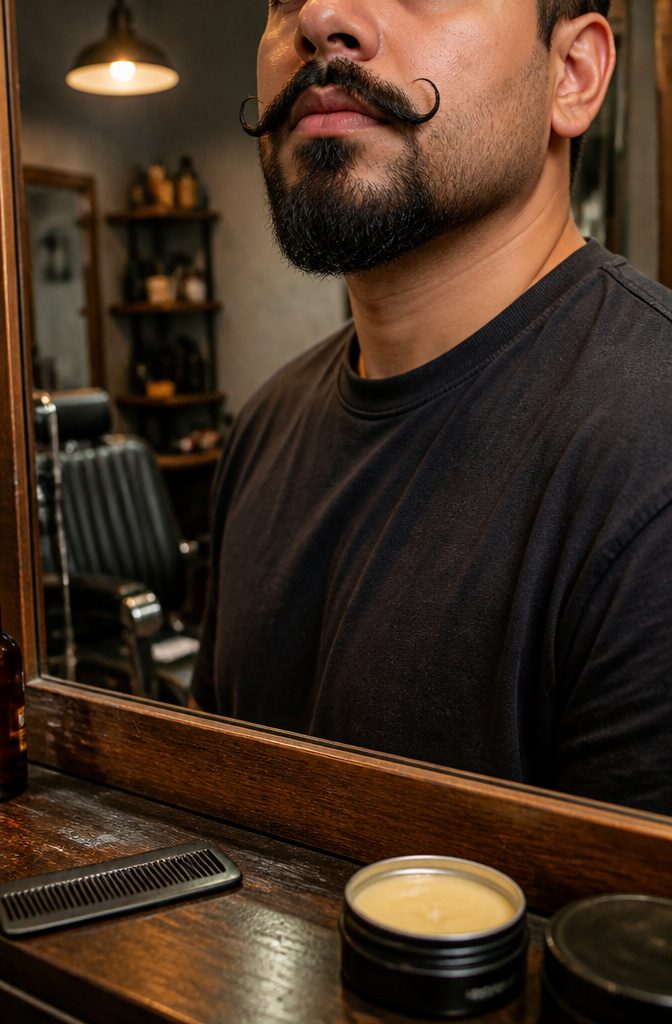 Man with curled mustache separated from a small chin beard