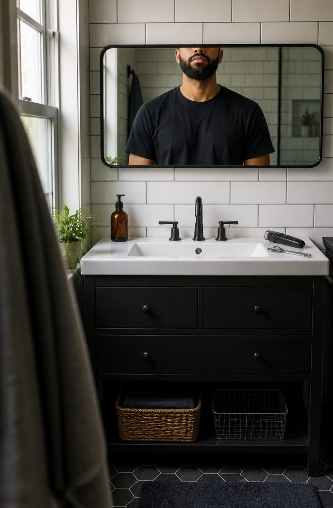 Man checking both sides of his beard in a mirror