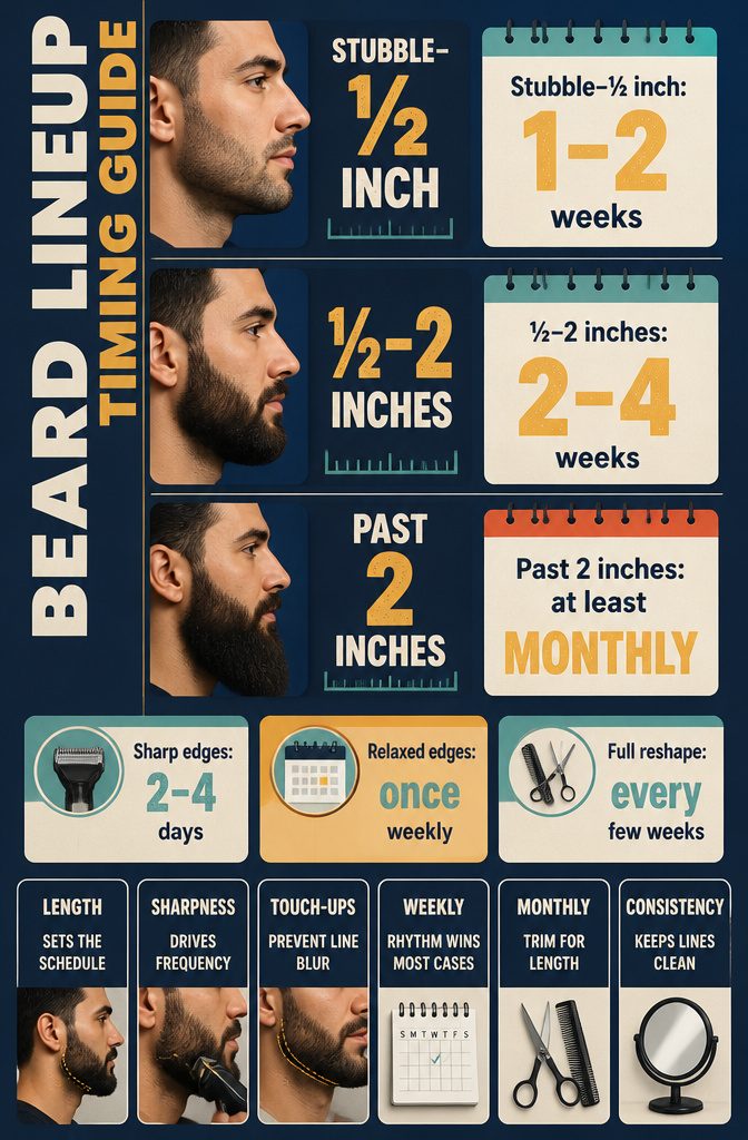 Beard lineup timing guide showing different beard lengths