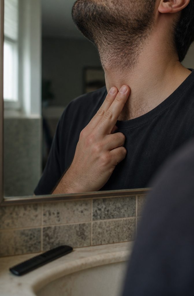 Fingers resting on a man's neck beneath his beard