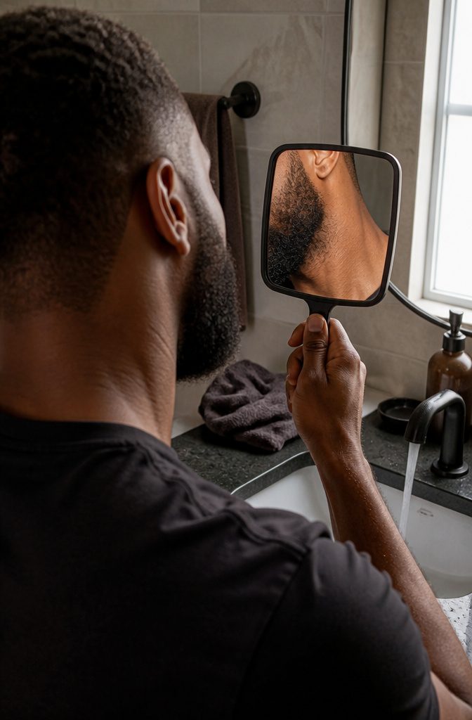 Man with a dry beard standing before a brightly lit mirror