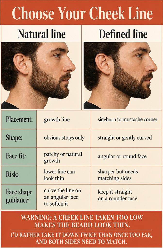 Cheek line guide showing natural straight and curved beard shapes