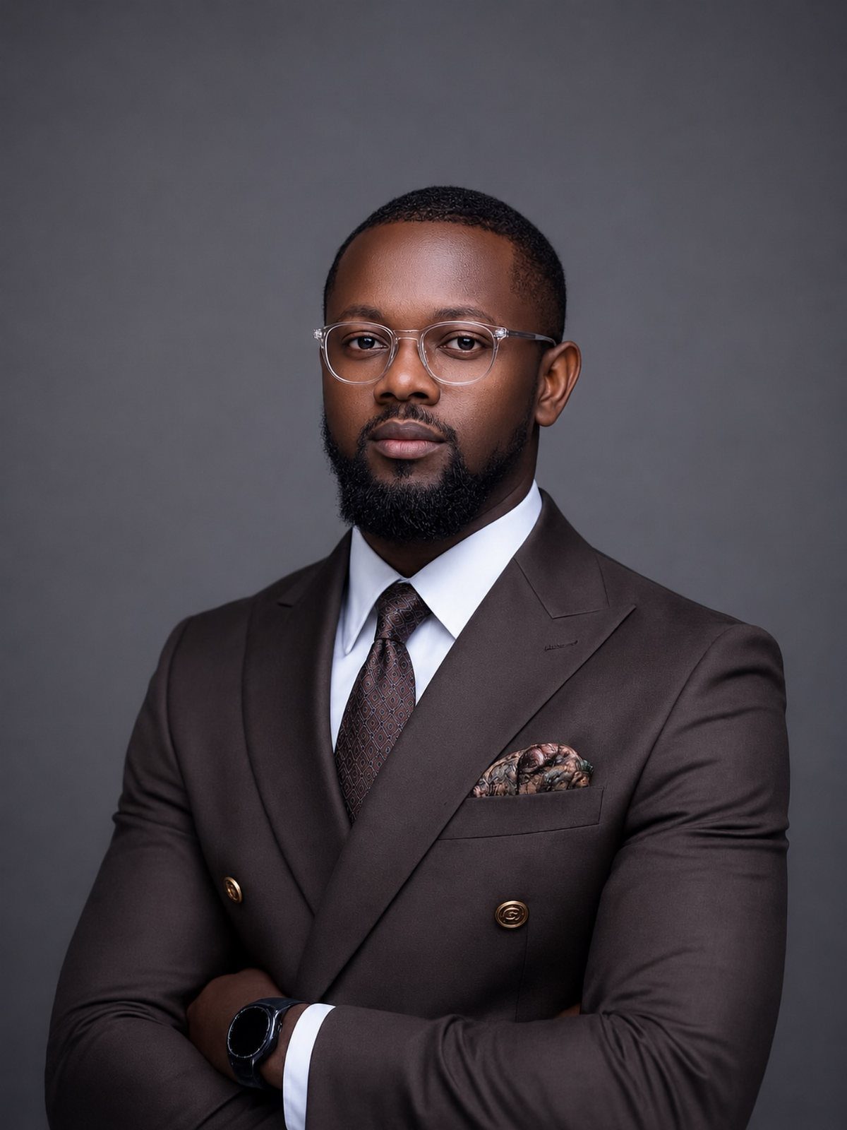 Man with a neatly groomed corporate beard wearing a professional brown suit and glasses.