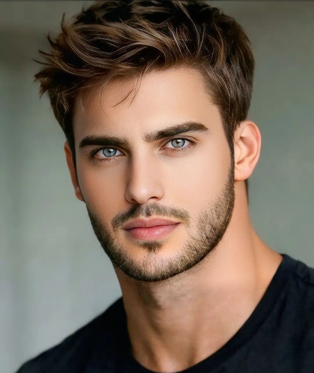 Man with blue eyes and short, evenly trimmed stubble facial hair.
