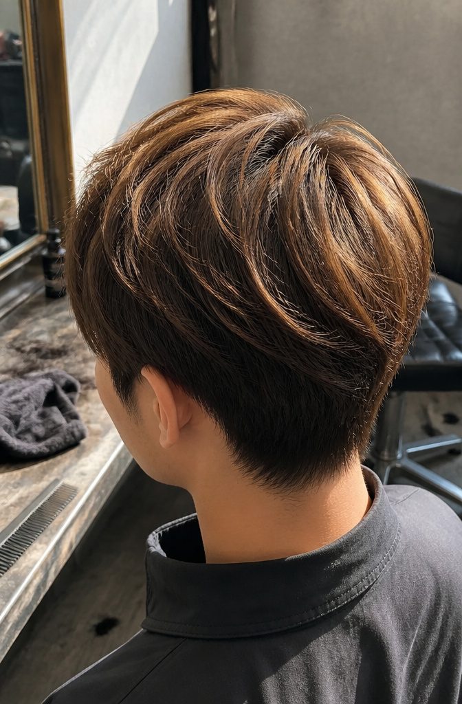 Medium brown hair with fine amber highlights through top