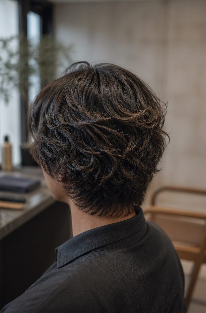 Dark wavy hair with restrained ash brown highlights