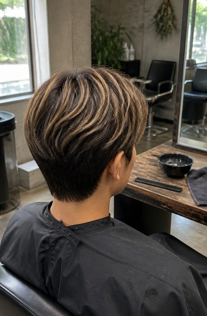 Medium brown hair with lighter blonde pieces across top