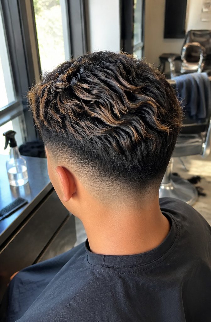 Dark wavy hair with blonde tips and tapered skin fade