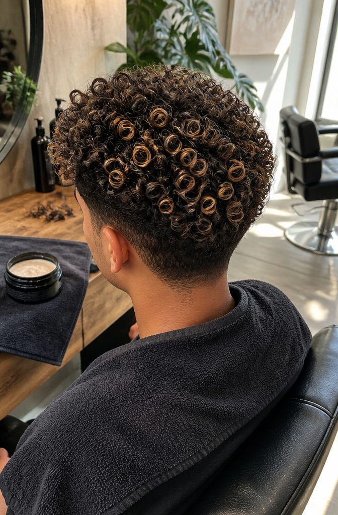 Short dark curls threaded with blonde pieces