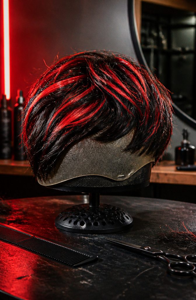 Black hair with vivid crimson highlights