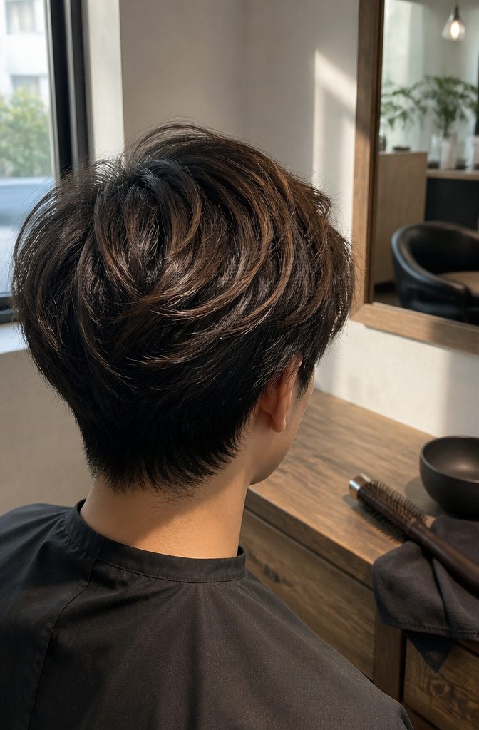 Medium dark brown textured hair with bronze highlights