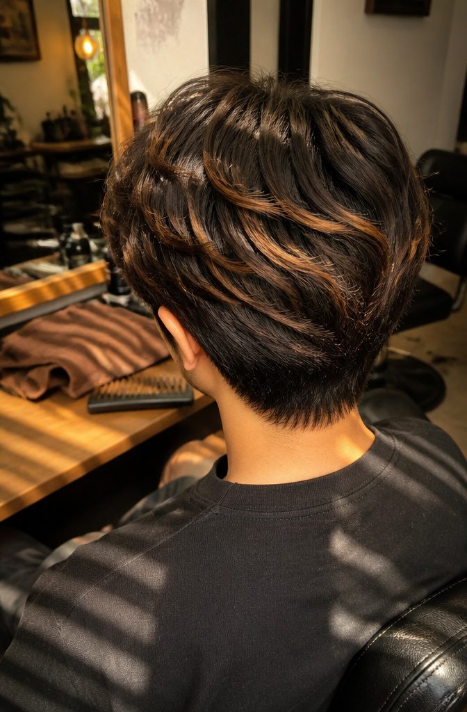 Dark textured hair with warm caramel highlights