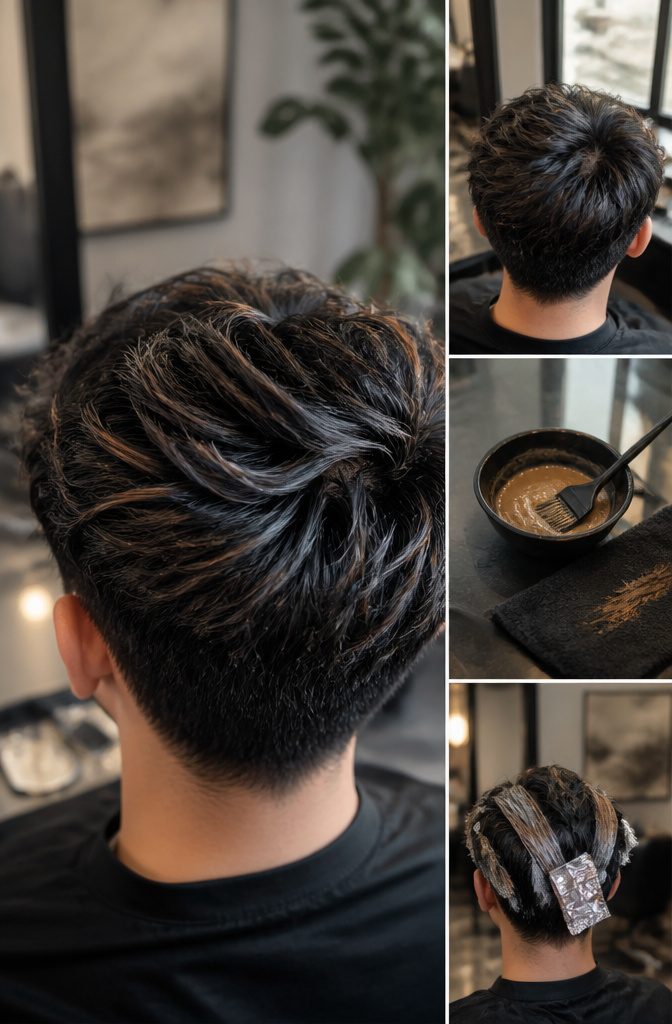 Dark textured hair with scattered caramel and gray streaks