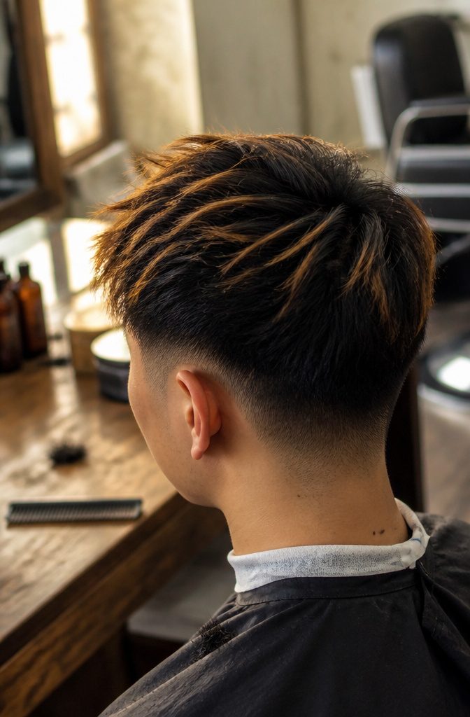 Short black textured crop with golden tips and tight undercut
