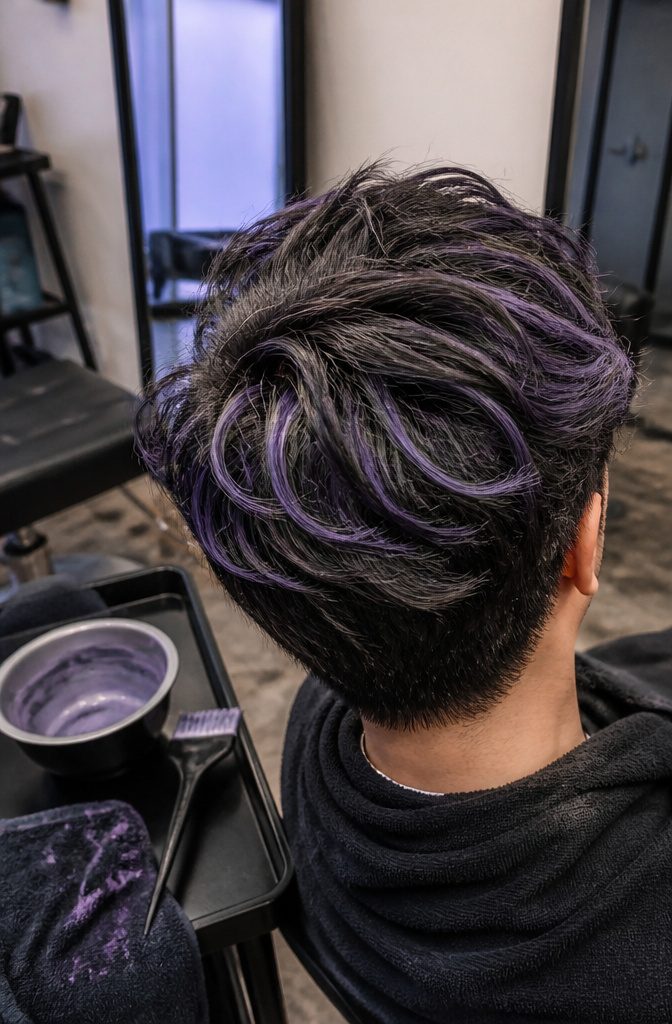 Dark textured hair with partial lavender highlights