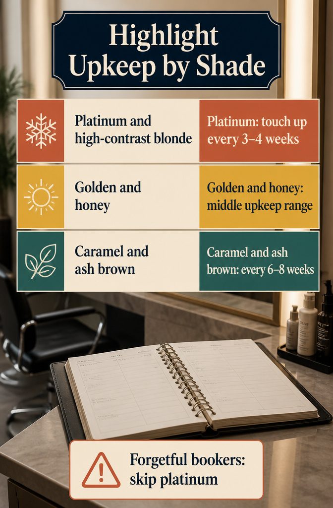 Beauty chart comparing upkeep schedules for different highlight shades