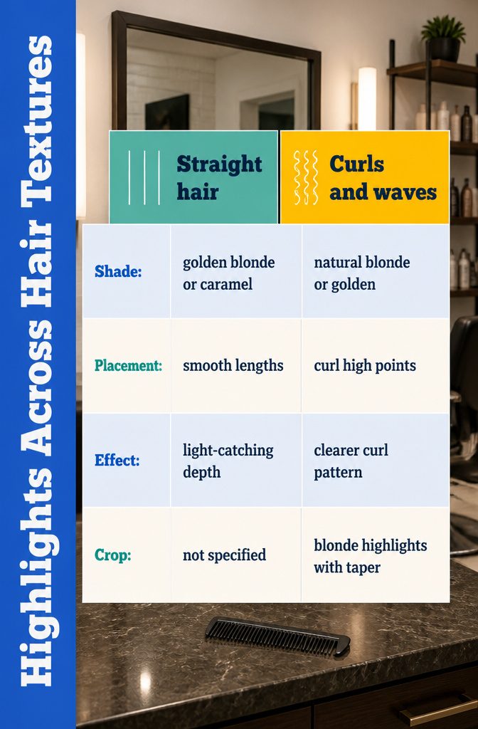 Beauty chart showing highlights across straight curly and wavy hair