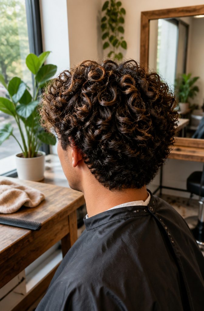 Brown curls with blonde highlights near the crown and face