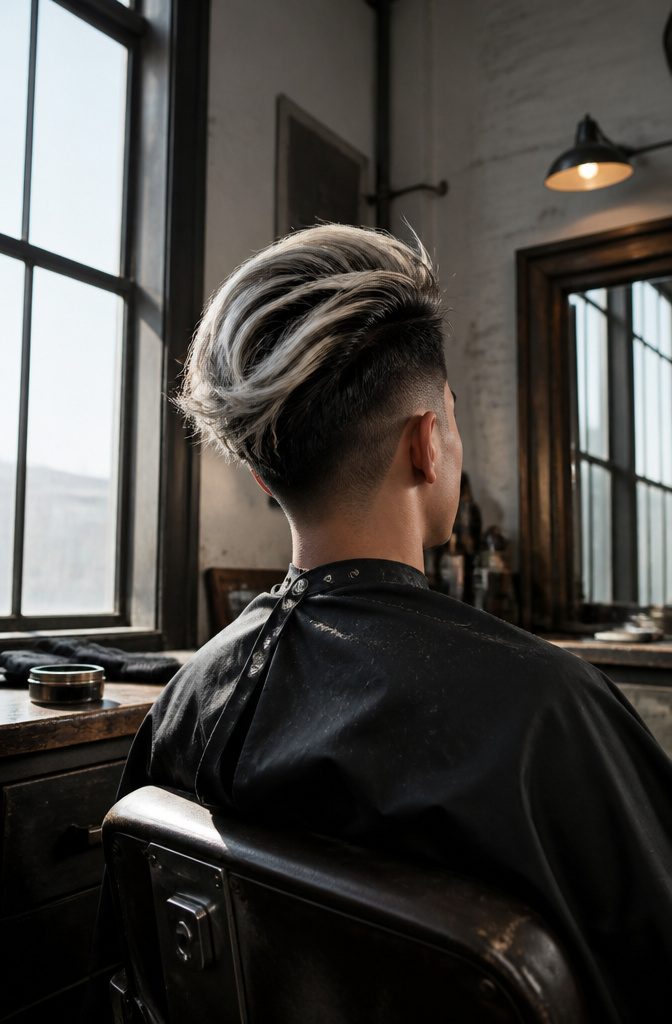Black pompadour with platinum streaks and sharp undercut