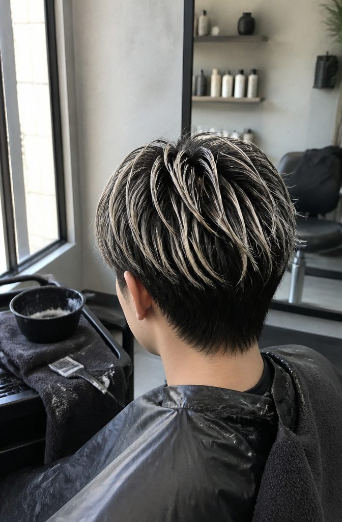 Dark hair with bright platinum highlights across the top