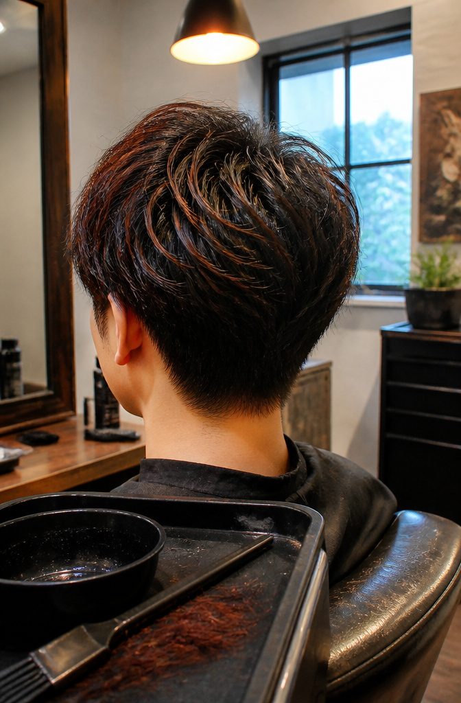 Very dark hair with deep red brown highlights