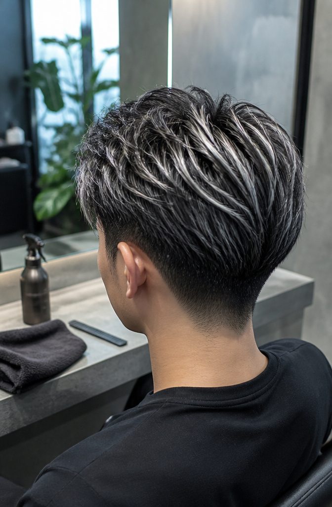 Black hair with metallic silver highlighted strands
