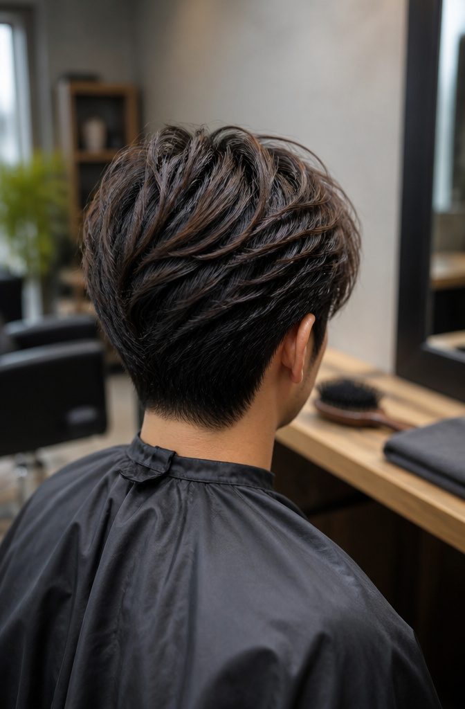 Dark hair with subtle brown highlights through the top