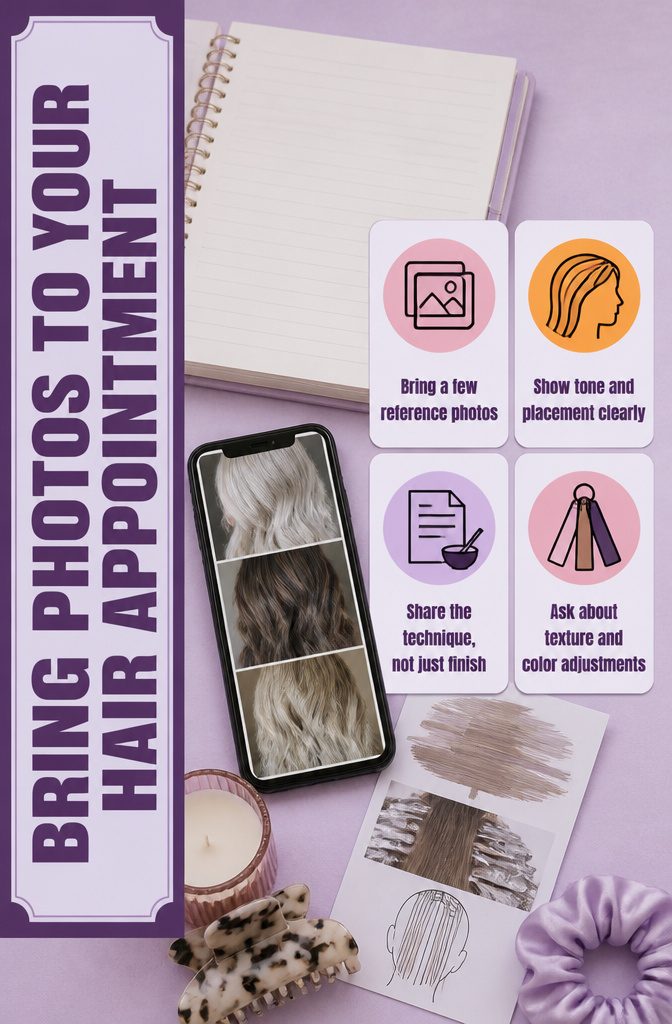 Hair reference photos beside a stylist consultation for frosted color