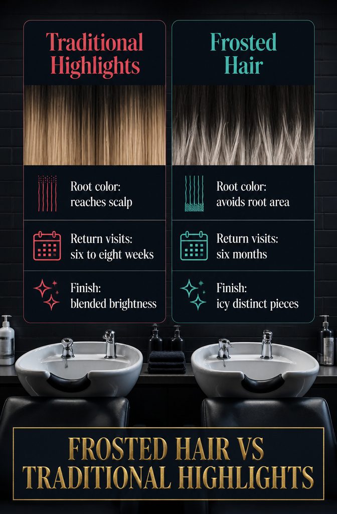 Dark hair with distinct icy pieces compared with traditional root highlights