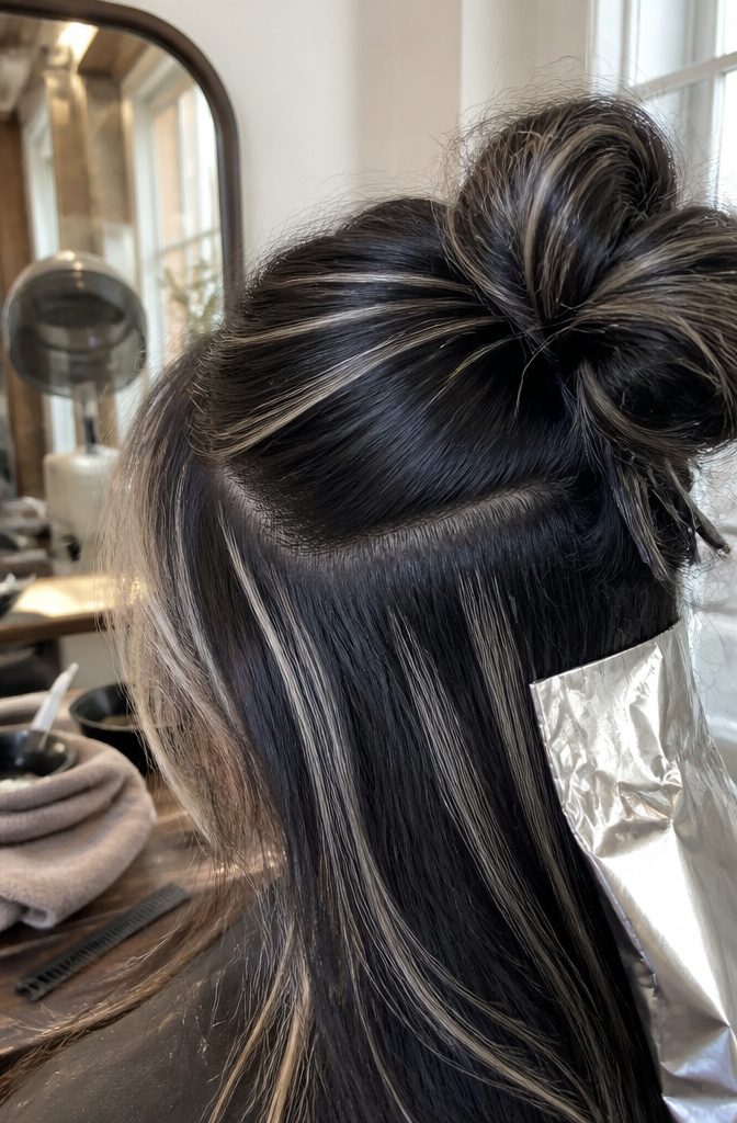 Long black hair parted to reveal fine cool blonde scattered pieces